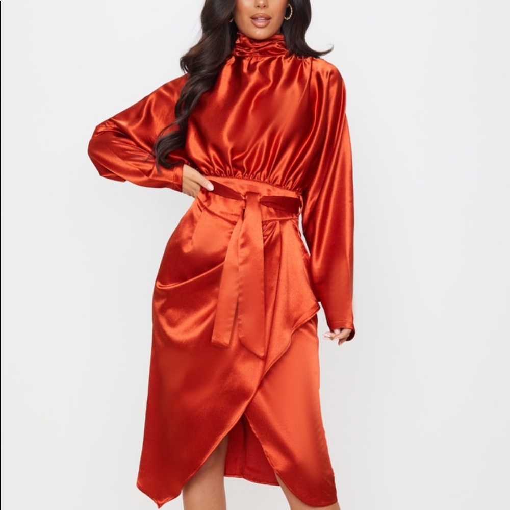 PrettyLittleThing Satin Long Sleeve Wrap Dress in Burnt Orange